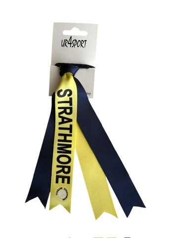 Strathmore Netball custom name cascade double hair ribbon navy/yellow 25mm wide