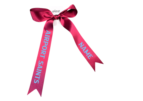 Airport Saints Netball with custom name option single ribbon length available in Burgandy or Pale Blue - 1m x 35mm