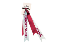 Airport Saints Netball  custom name cascade double hair ribbon burgandy/Pale Blue 25mm wide
