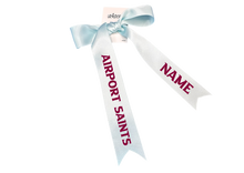 Airport Saints Netball with custom name option single ribbon length available in Burgandy or Pale Blue - 1m x 35mm