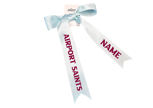 Airport Saints Netball with custom name option single ribbon length available in Burgandy or Pale Blue - 1m x 35mm