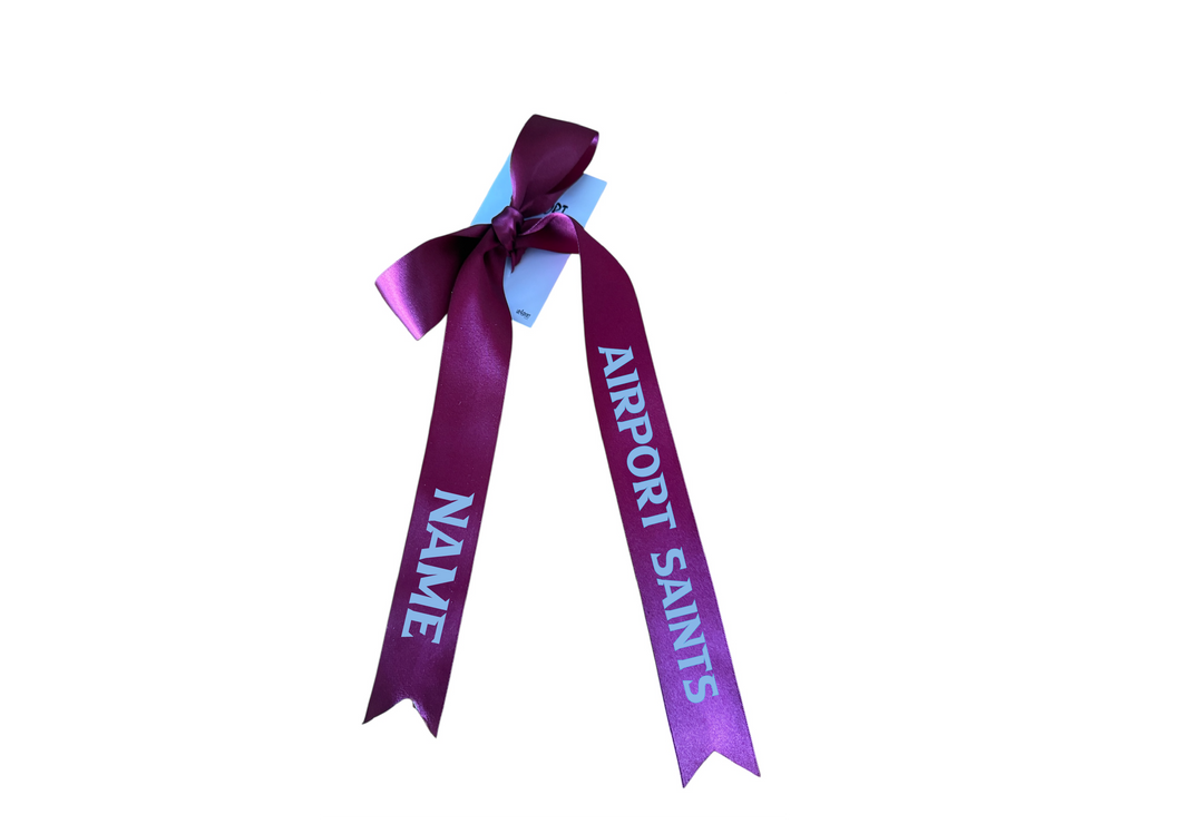 Airport Saints Netball with custom name option single ribbon length available in Burgandy or Pale Blue - 1m x 35mm