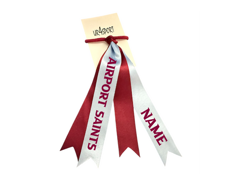 Airport Saints Netball  custom name cascade double hair ribbon burgandy/Pale Blue 25mm wide