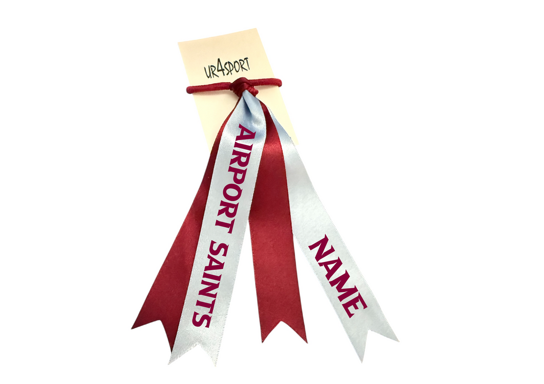 Airport Saints Netball  custom name cascade double hair ribbon burgandy/Pale Blue 25mm wide