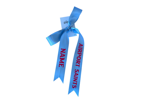 Airport Saints Netball with custom name option single ribbon length available in Burgandy or Pale Blue - 1m x 35mm