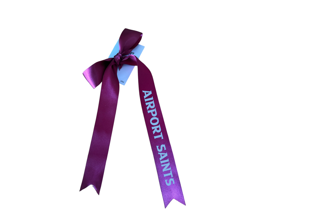 Airport Saints Netball with custom name option single ribbon length available in Burgandy or Pale Blue - 1m x 35mm