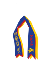 Maribyrnong Park Netball custom name cascade triple hair ribbon royal/yellow/red 25mm wide