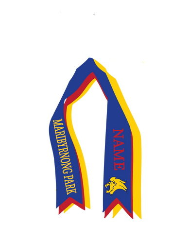 Maribyrnong Park Netball custom name cascade triple hair ribbon royal/yellow/red 25mm wide