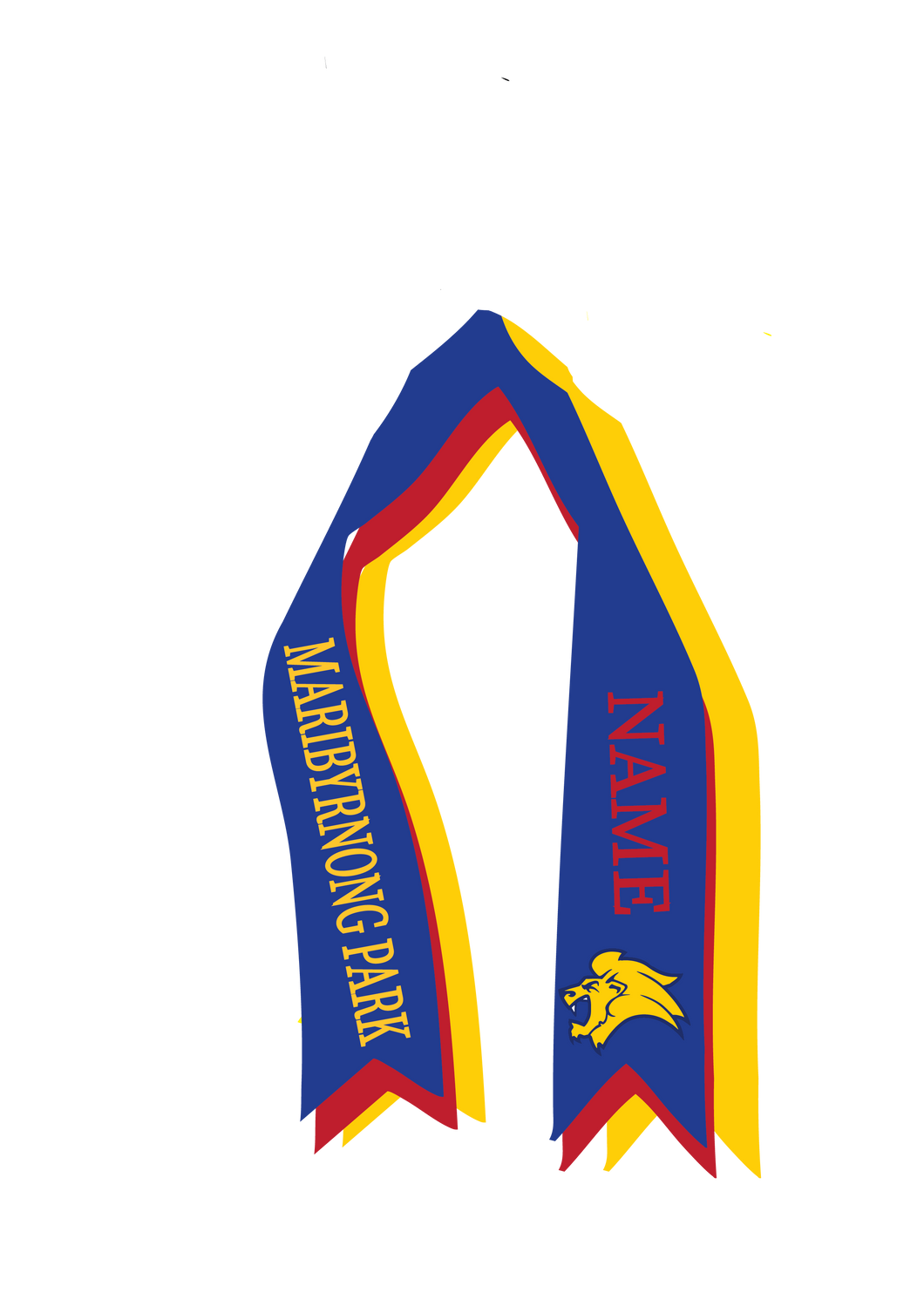 Maribyrnong Park Netball custom name cascade triple hair ribbon royal/yellow/red 25mm wide